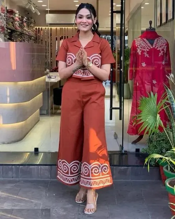 Orange._Printed_Co-ord_Set_(_Shirt-Palazzo)_For_Women_And_Girls