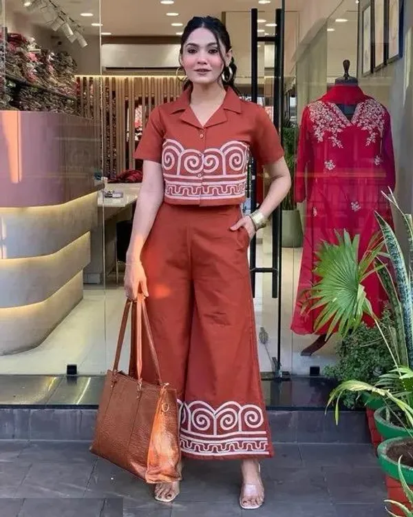 Orange._Printed_Co-ord_Set_(_Shirt-Palazzo)_For_Women_And_Girls