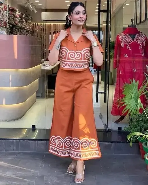 Orange._Printed_Co-ord_Set_(_Shirt-Palazzo)_For_Women_And_Girls