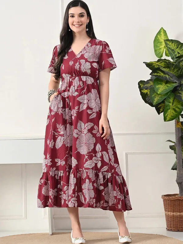 Maroon_Rayon_Printed_Short_Sleeves_Maternity_Gown_For_Women