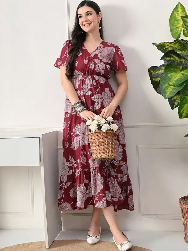 Maroon_Rayon_Printed_Short_Sleeves_Maternity_Gown_For_Women