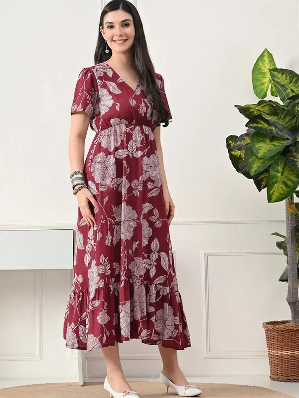 Maroon_Rayon_Printed_Short_Sleeves_Maternity_Gown_For_Women