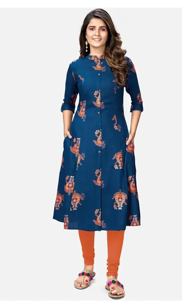Sky_Blue_Orange__Printed_Sleeves_Kurta_For_Women_And_Girls