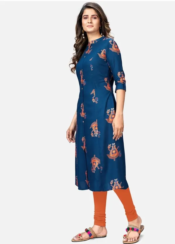Sky_Blue_Orange__Printed_Sleeves_Kurta_For_Women_And_Girls