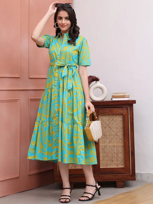 Teal_Cotton_Printed_Short_Sleeves_Maternity_Gown_For_Women