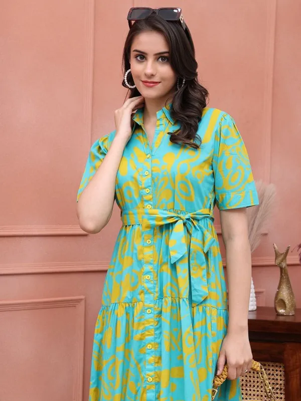 Teal_Cotton_Printed_Short_Sleeves_Maternity_Gown_For_Women