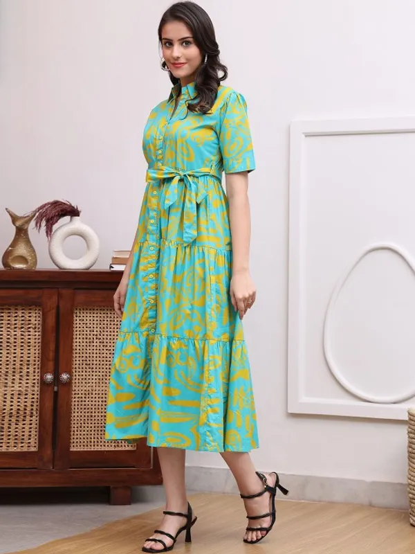 Teal_Cotton_Printed_Short_Sleeves_Maternity_Gown_For_Women