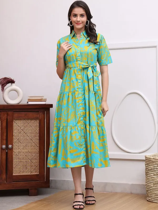 Teal_Cotton_Printed_Short_Sleeves_Maternity_Gown_For_Women