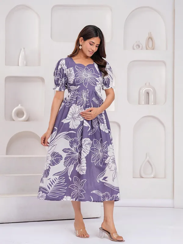 Purple_Cotton_Printed_Short_Sleeves_Maternity_Gown_For_Women