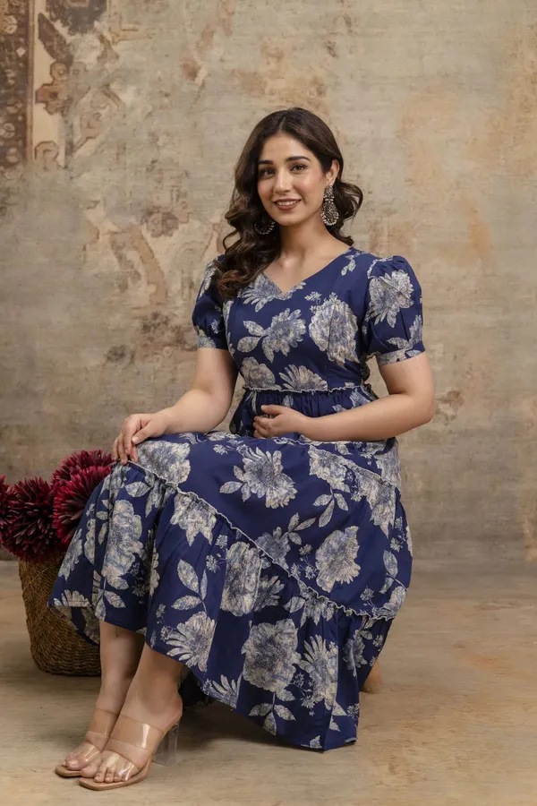 Blue_Cotton_Printed_Short_Sleeves_Maternity_Gown_For_Women