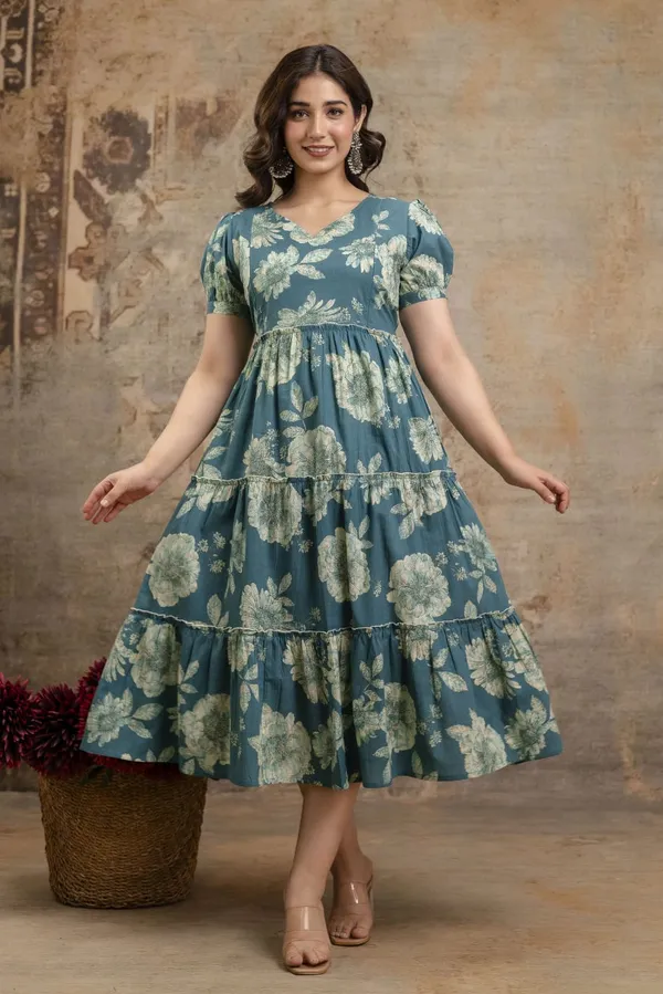 Green_Cotton_Printed_Short_Sleeves_Maternity_Gown_For_Women