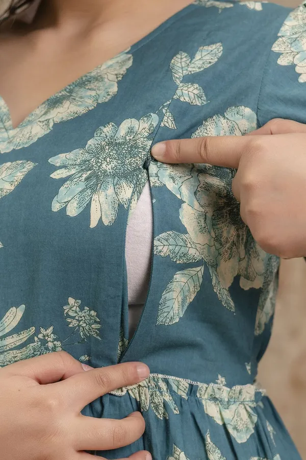Green_Cotton_Printed_Short_Sleeves_Maternity_Gown_For_Women