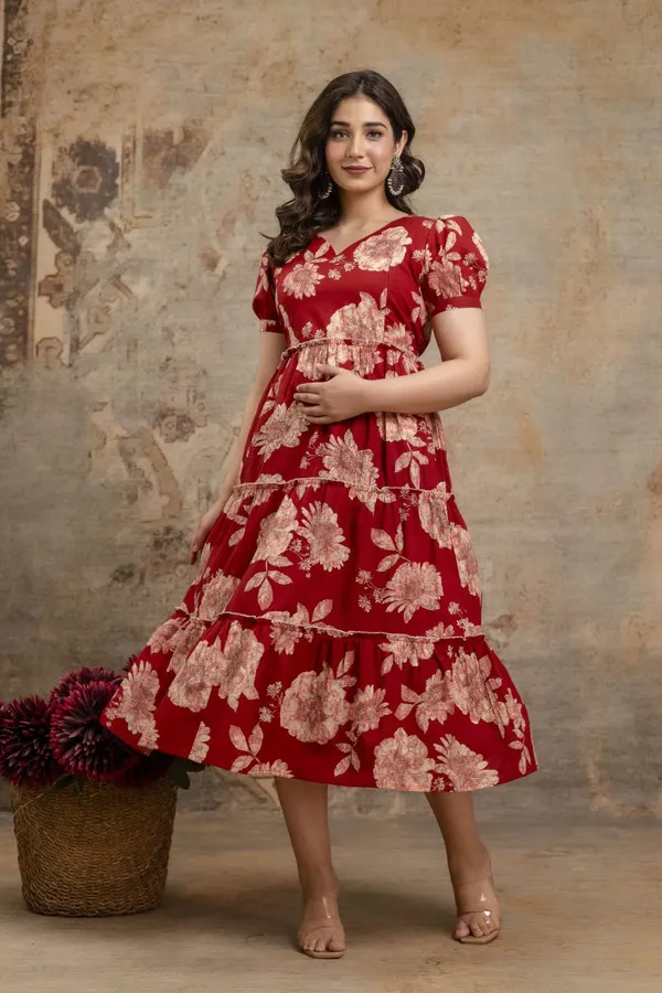 Red_Cotton_Printed_Short_Sleeves_Maternity_Gown_For_Women