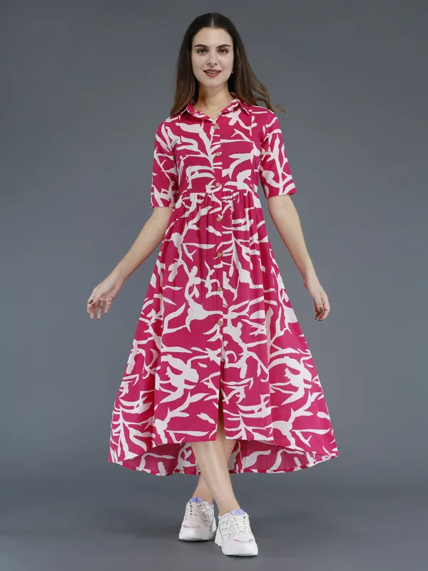 Pink_Viscose_Rayon_Printed_Short_Sleeves_Maternity_Gown_For_Women