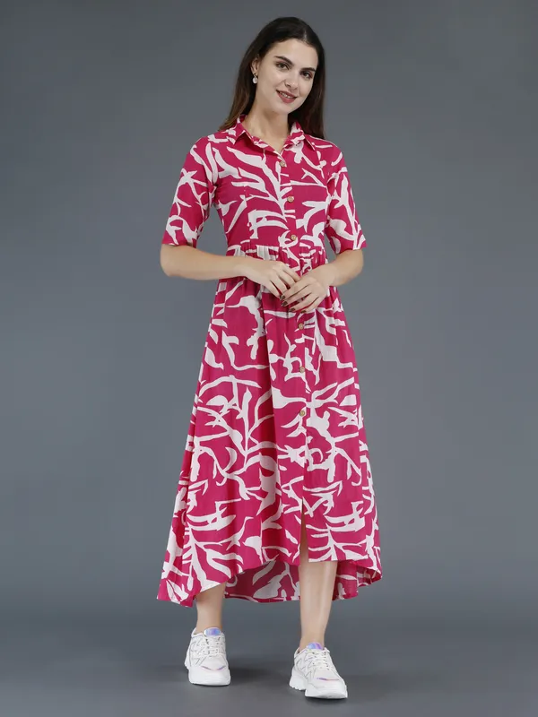 Pink_Viscose_Rayon_Printed_Short_Sleeves_Maternity_Gown_For_Women