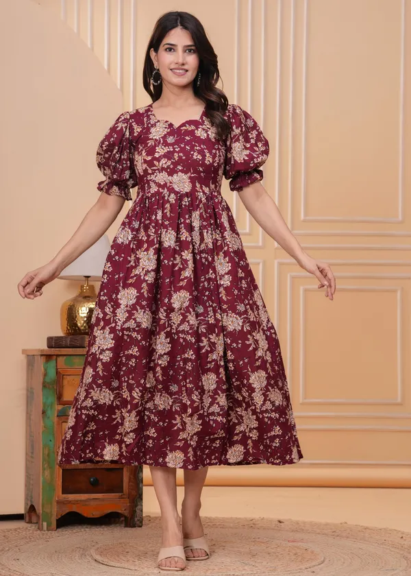 Maroon_Viscose_Rayon_Printed_Short_Sleeves_Maternity_Gown_For_Women