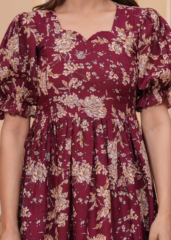 Maroon_Viscose_Rayon_Printed_Short_Sleeves_Maternity_Gown_For_Women