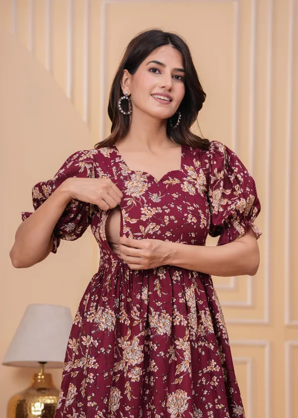 Maroon_Viscose_Rayon_Printed_Short_Sleeves_Maternity_Gown_For_Women