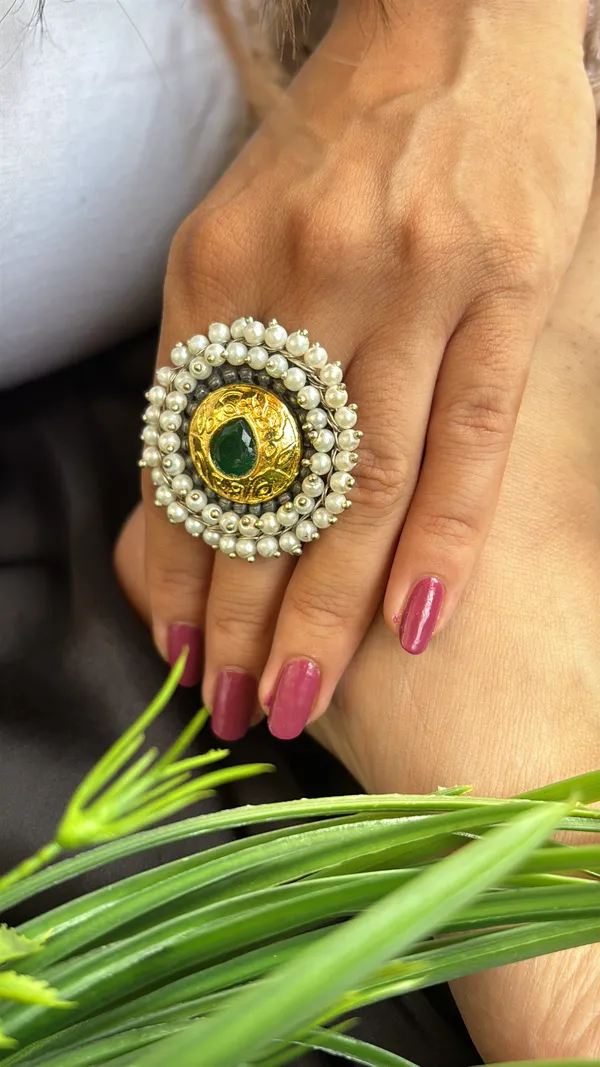 Emerald_Pearl_Statement_Ring_|_Oxidised_Silver_Oversized_Ring_by_Karatique