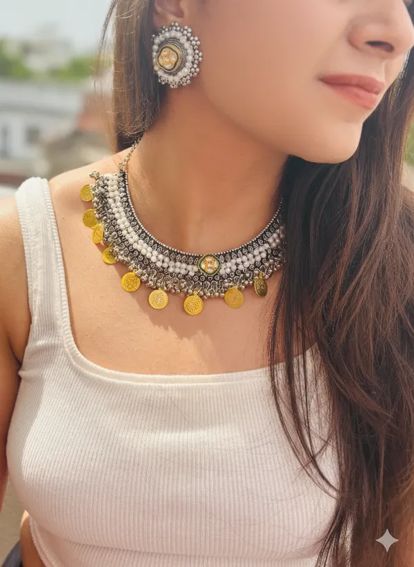 Oxidised_German__Antique_Silver_Beaded_Necklace_Set_with_Earrings