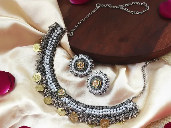 Oxidised_German__Antique_Silver_Beaded_Necklace_Set_with_Earrings