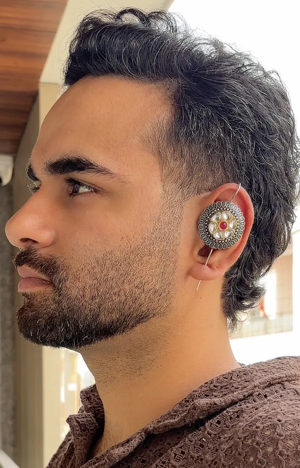 Karatique_Men’s_Silver-Plated_Floral__Kudan_&_Oxidised_Ear_Cuffs_–_Bold,_Modern_&_Comfortable