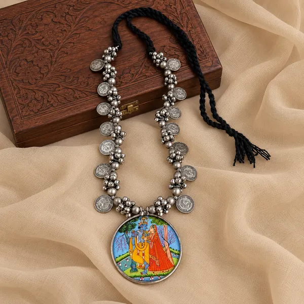 Oxidised_Silver-Tone_Long_Adjustable_Necklace_for_Men_and_Women_with_Handpainted_Radha_Krishna_Pendant