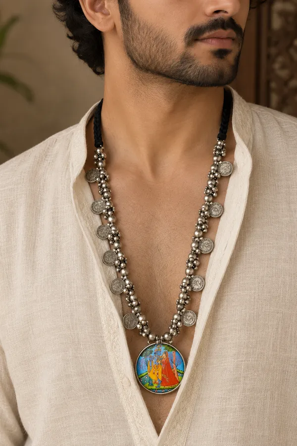 Oxidised_Silver-Tone_Long_Adjustable_Necklace_for_Men_and_Women_with_Handpainted_Radha_Krishna_Pendant