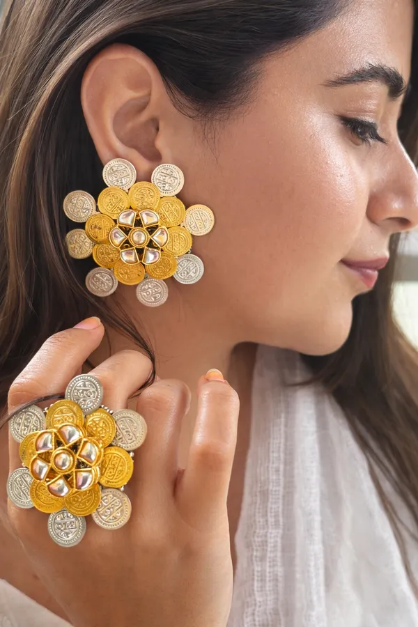 Dual_Tone_Silver_and_Golden_Plated_Coin_Oversized_Stud_Floral_Kundan_Earring_and_Ring_Combo_for_Women