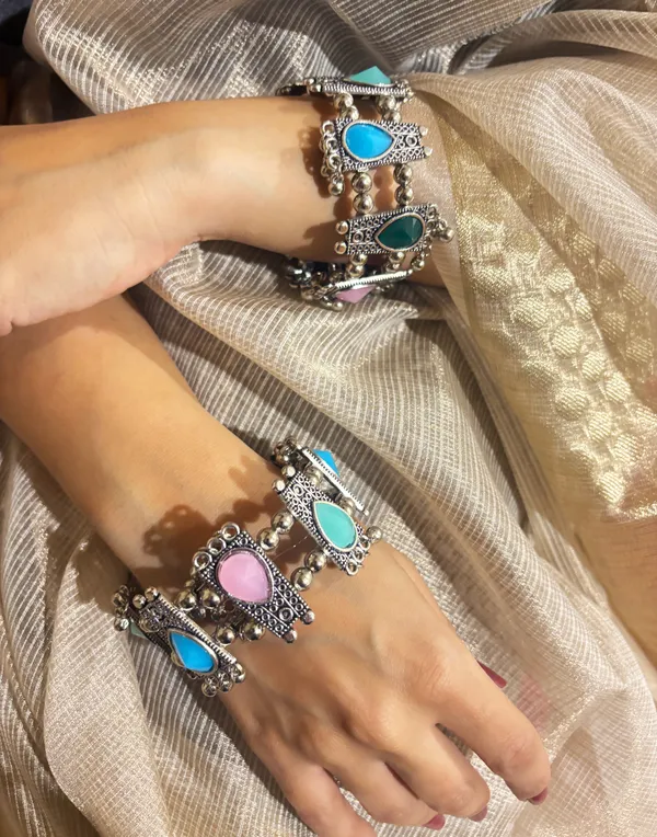 Openable_Antique_German_Silver_Bangles_|_Adjustable_Tribal_Bangles_with_Color_Stones_|_Boho_Ethnic_Bracelets_|_Handmade_Jewelry_by_Karatique