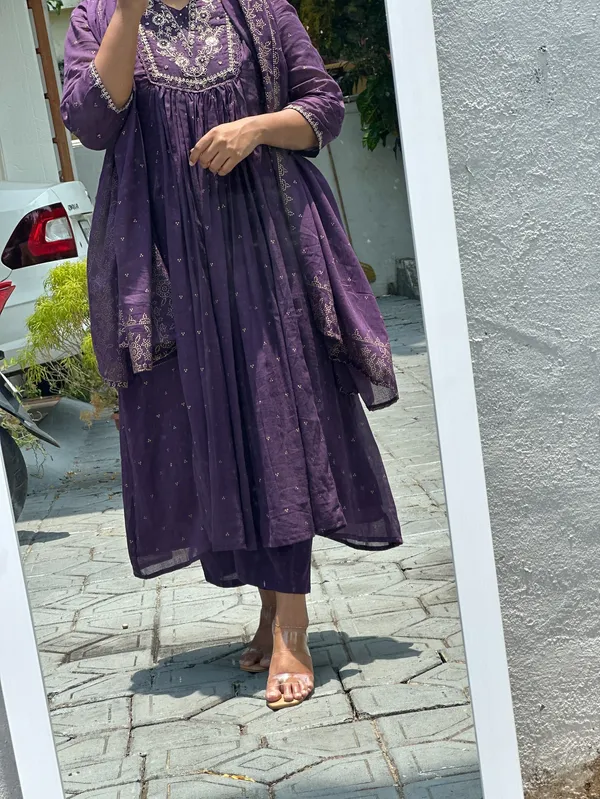 Khadi_Purple_Cotton_Anarkali_Bandhej_Set