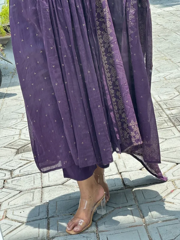 Khadi_Purple_Cotton_Anarkali_Bandhej_Set