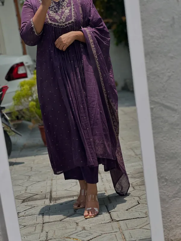 Khadi_Purple_Cotton_Anarkali_Bandhej_Set