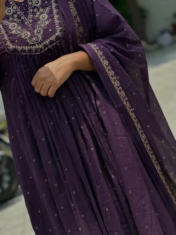 Khadi_Purple_Cotton_Anarkali_Bandhej_Set