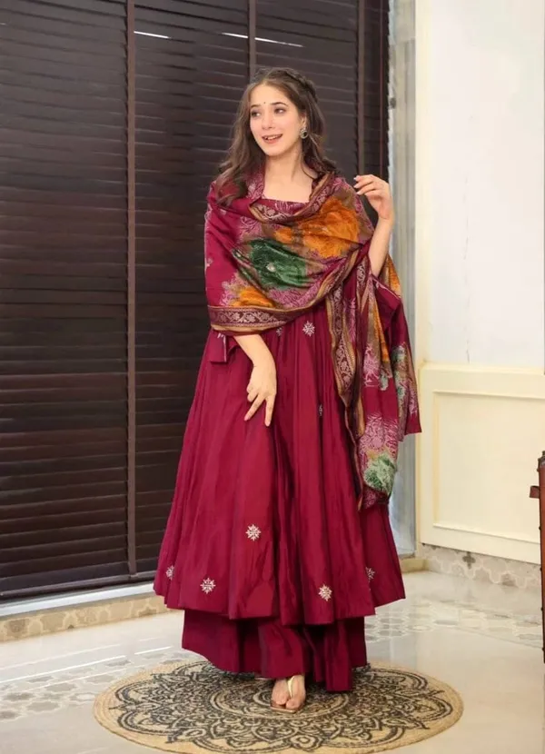 Red_Pure_Muslin_Gown_and_Pant_Suit_Set