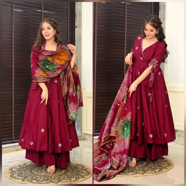 Red_Pure_Muslin_Gown_and_Pant_Suit_Set