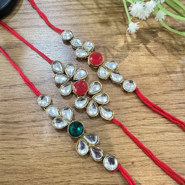 Dhivara_Kundan_Rakhi_Combo_/_Pack_Of_3_Rakhi_With_Roli_Chawal