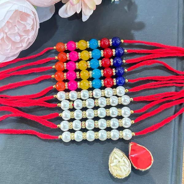 Dhivara_Pearl_Rakhi_Combo_/_Pack_Of_10_Rakhi_With_Roli_Chawal