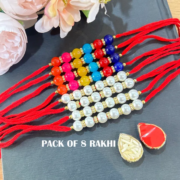 Dhivara_Pearl_Rakhi_Combo_/_Pack_Of_8_Rakhi_With_Roli_Chawal
