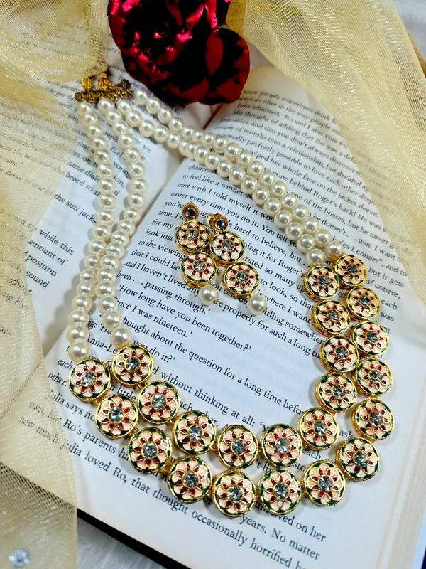 Dhivara_Rhodium_Plated_Meenawork_Beautiful_Double_Line_Pearl_Necklace_Set_For_Women