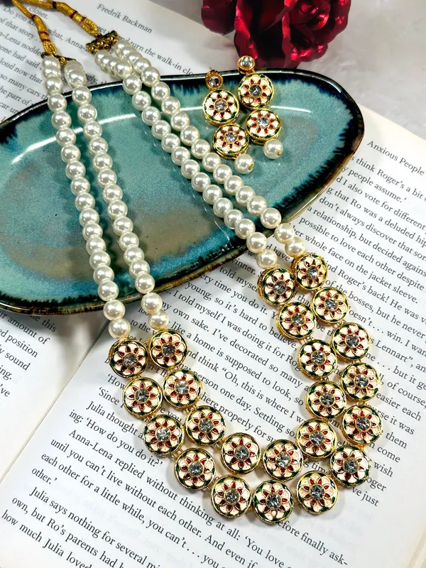 Dhivara_Rhodium_Plated_Meenawork_Beautiful_Double_Line_Pearl_Necklace_Set_For_Women