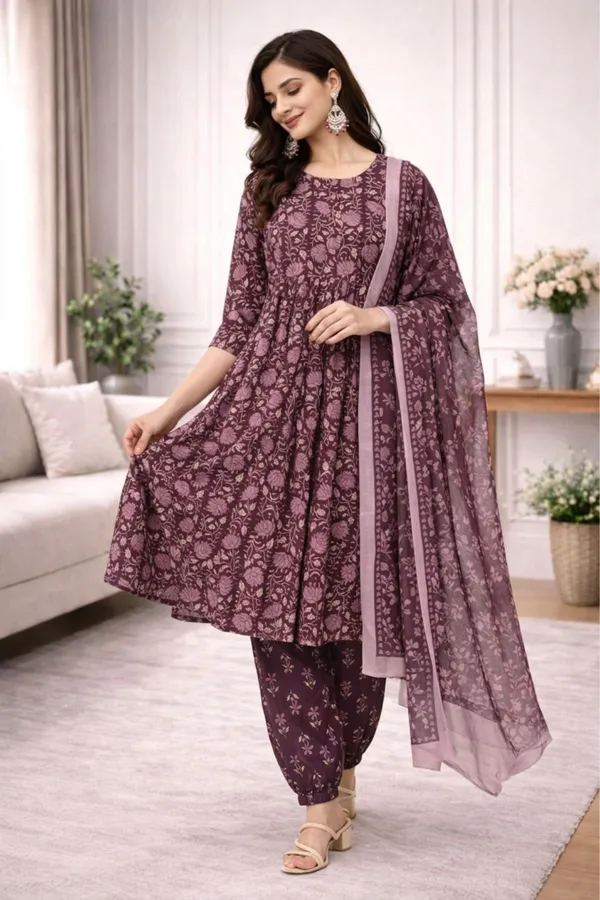 Brown_Pure_Cotton_3/4_Gathered_Sleeves_Round_Kurta_With_Bottom_And_Dupatta_For_Women