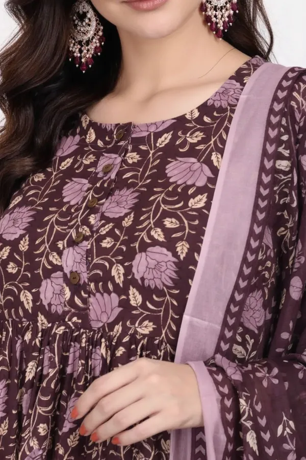 Brown_Pure_Cotton_3/4_Gathered_Sleeves_Round_Kurta_With_Bottom_And_Dupatta_For_Women