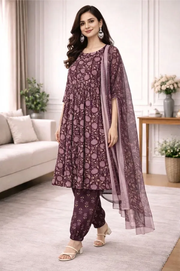 Brown_Pure_Cotton_3/4_Gathered_Sleeves_Round_Kurta_With_Bottom_And_Dupatta_For_Women
