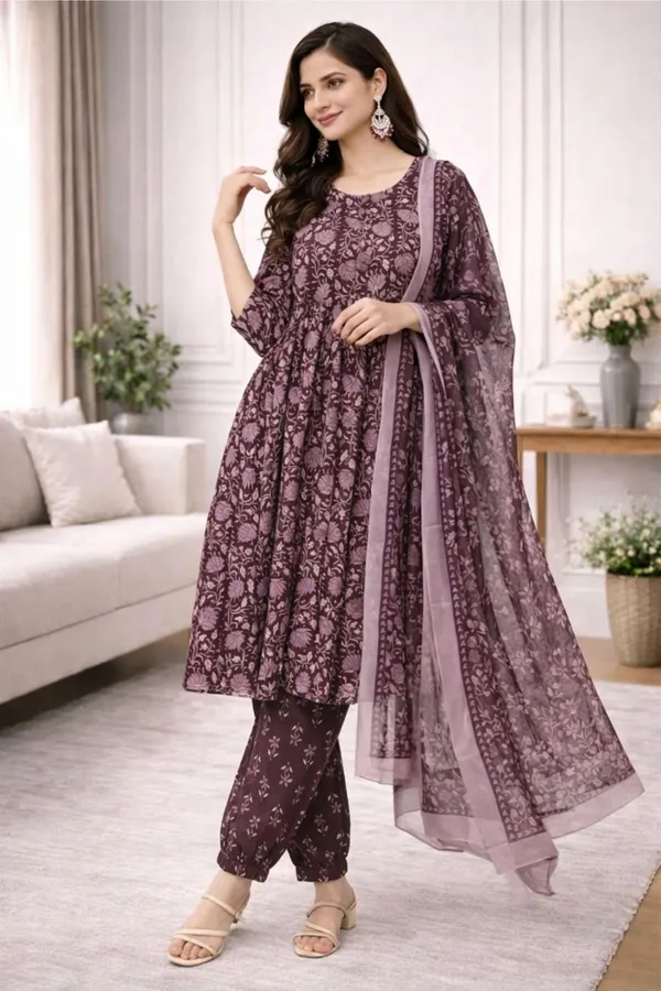 Brown_Pure_Cotton_3/4_Gathered_Sleeves_Round_Kurta_With_Bottom_And_Dupatta_For_Women