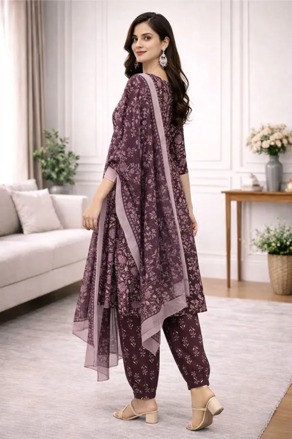 Brown_Pure_Cotton_3/4_Gathered_Sleeves_Round_Kurta_With_Bottom_And_Dupatta_For_Women