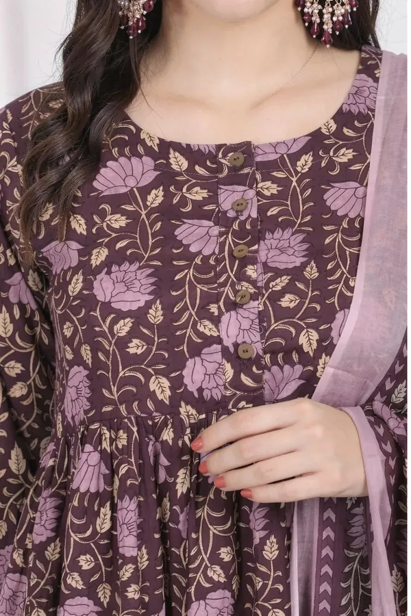 Brown_Pure_Cotton_3/4_Gathered_Sleeves_Round_Kurta_With_Bottom_And_Dupatta_For_Women
