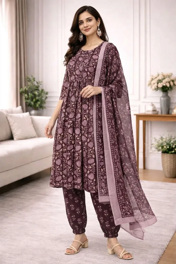 Brown_Pure_Cotton_3/4_Gathered_Sleeves_Round_Kurta_With_Bottom_And_Dupatta_For_Women