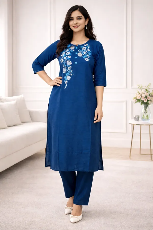 Royal_Blue_Floral_Embroidered_Cotton_Silk_Kurta_Set