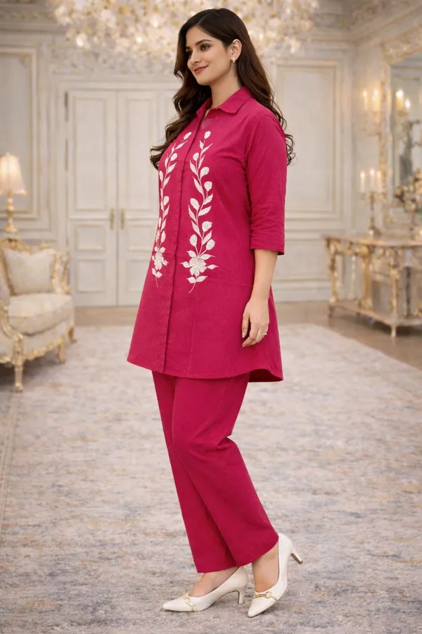 Women_Pink_Leaf_Embroidered_Cotton_Co-Ord_Set